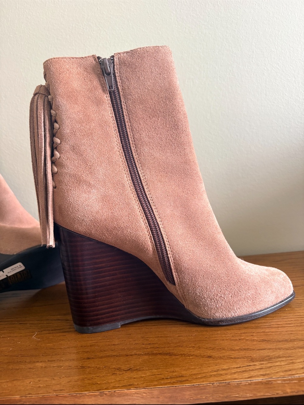Jeffrey Campbell Blush Pink Suede Wedge Ankle Boot with Tassel